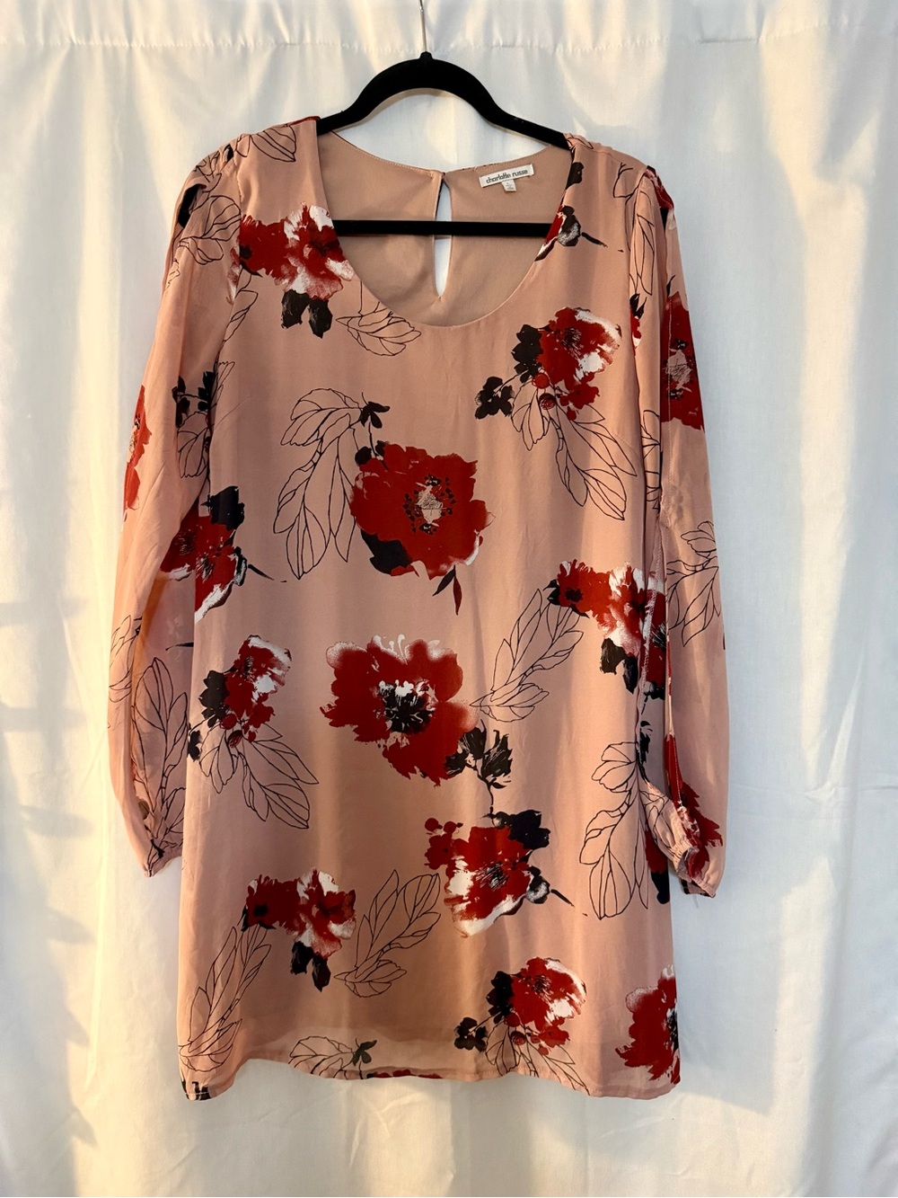 Charlotte Russe Floral Split Sleeve Mini Dress | Size Large Blush Pink Red